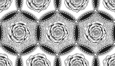 Hexagonal pattern with chains, contour roses Stock Illustration