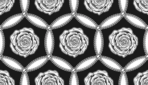 Hexagonal pattern with chains, contour roses Stock Illustration