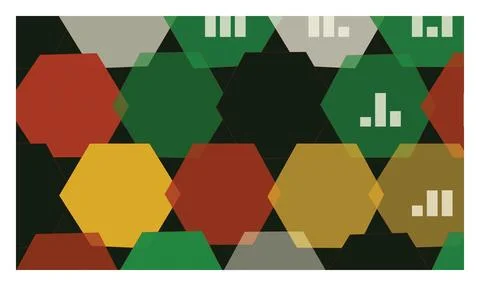 Hexagonal pattern with colorful geometric shapes and data charts. イラスト素材