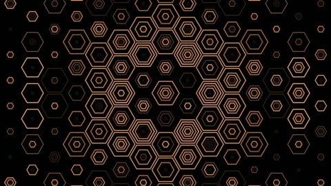 Hexagonal pattern design in black and gold colors on a dark background Vidéo 332908279
