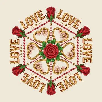 Hexagonal pattern with heart, beads,text LOVE. Stock Illustration