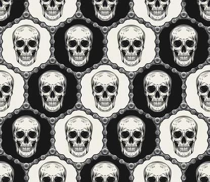 Hexagonal pattern with human skulls, chains Stock Illustration