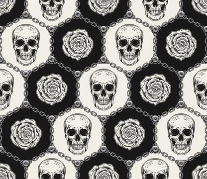Hexagonal pattern with human skulls, roses, chains Illustrazione stock