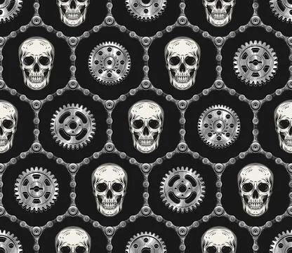 Hexagonal pattern with skulls, bike chains, gears Stock Illustration