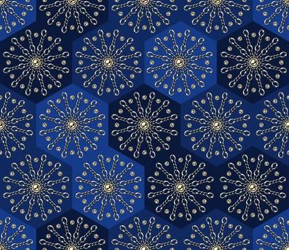 Hexagonal pattern with stars like snowflakes made of gold chains and beads Stock Illustration
