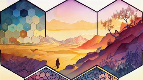 Hexagonal pattern with a woman standing in the middle of the desert Stock Illustration