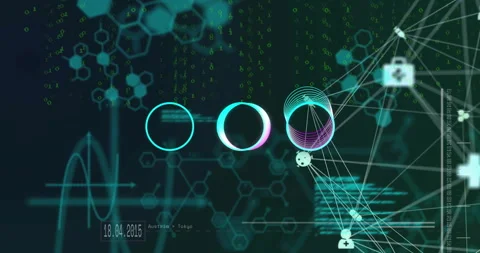 Hexagonal patterns and binary code animation, data processing over scientific 動画素材 304572445