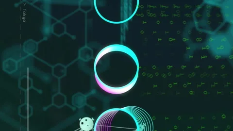 Hexagonal patterns and binary code animation, data processing over scientific Stock Footage 314616824