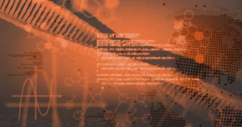 Hexagonal patterns and data processing image over abstract orange background Stockfoto's