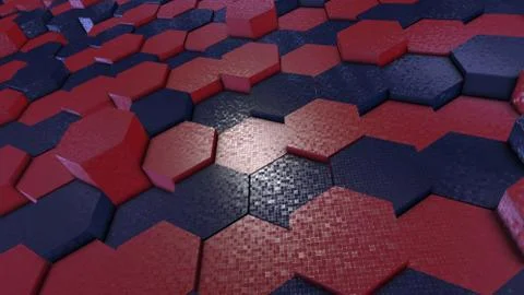 Hexagonal Patterns blue and red non uniformed, 3d render illustration 3/4th view 스톡 일러스트