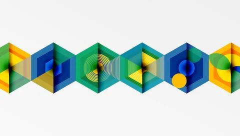 Hexagonal patterns, vibrant colors, geometric shapes. Abstract design, modern Stock Illustration
