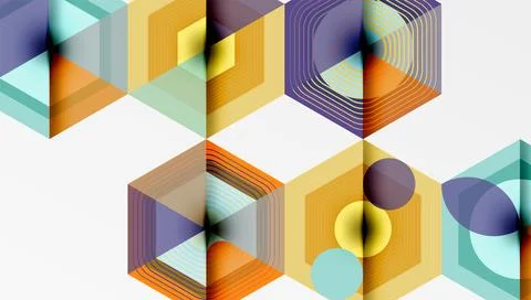 Hexagonal patterns, vibrant colors, geometric shapes, layered design. Abstract Stock Illustration