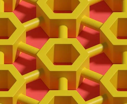 Hexagonal prisms interconnected by pipes seamless pattern. Isometric backgr.. Stockillustratie