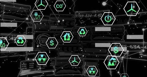 Hexagonal recycling and plug icons floating on virtual dashboard, with nodes and Illustrazione stock