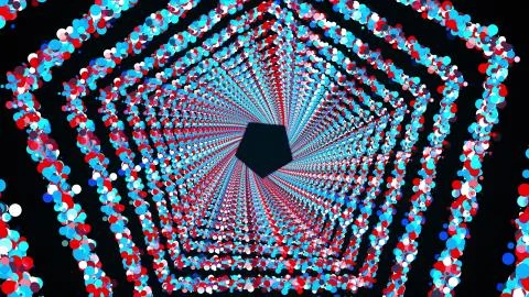Hexagonal rings of colorful round particles form an endless tunnel, computer Stock Illustration