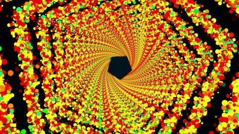 Hexagonal rings of colorful round particles form an endless tunnel, computer Stock Illustration