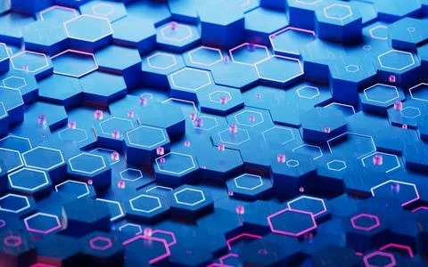 Hexagonal scientific and technological materials, 3d rendering. Illustrazione stock