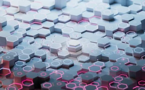 Hexagonal scientific and technological materials, 3d rendering. Illustrazione stock