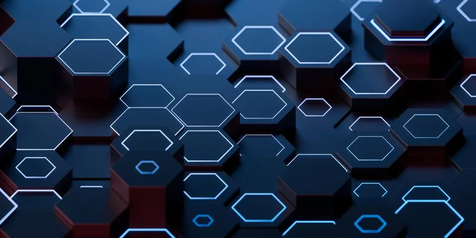 Hexagonal scientific and technological materials, 3d rendering. Illustrazione stock