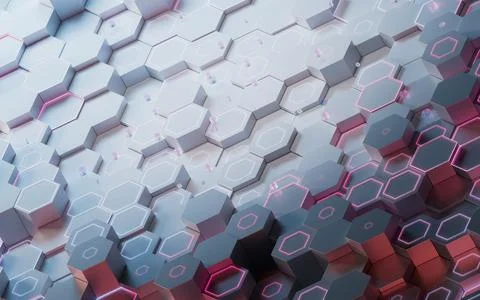 Hexagonal scientific and technological materials, 3d rendering. Illustrazione stock