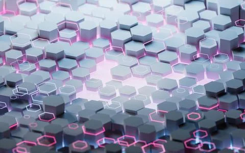 Hexagonal scientific and technological materials, 3d rendering. Illustrazione stock