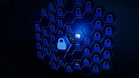 Hexagonal Security Cell Lattice Of Padlock Tiles With Glowing Network Links Stock-Footage 343061388