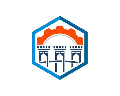 Hexagonal shape with ancient bridge and gear inside Stock Illustration