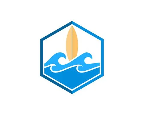 Hexagonal shape with beach wave and surf board Stock Illustration
