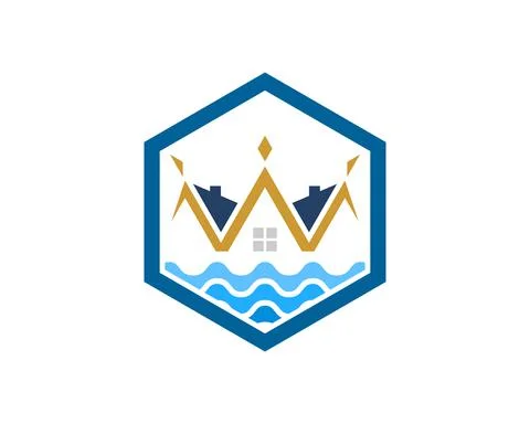 Hexagonal shape with crown house and beach wave Stock Illustration