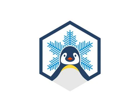 Hexagonal shape with cute penguin and snow flower inside Stock Illustration