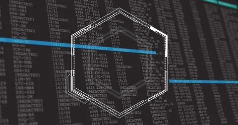 Hexagonal shape over redacted data and coding image Foto stock