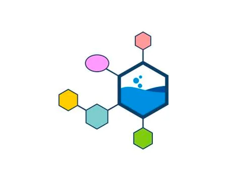 Hexagonal shape with water inside and colorful molecule Stock Illustration