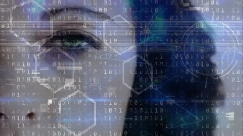 Hexagonal shapes and binary coding data processing against close up of a female 스톡 동영상 199390405