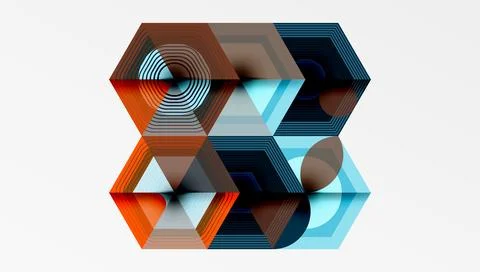 Hexagonal shapes, layered design, vibrant colors, geometric patterns, modern art Illustrazione stock