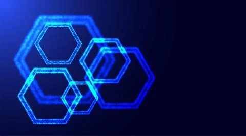 Hexagonal shapes made of small glowing particles with depth of field. Glowing 스톡 일러스트