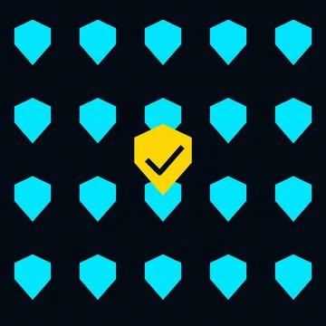 Hexagonal shield with checkmark icon highlighted among similar blue shields Ilustração Stock