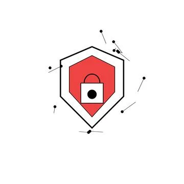 Hexagonal shield with lock symbol inside red border Stock Illustration