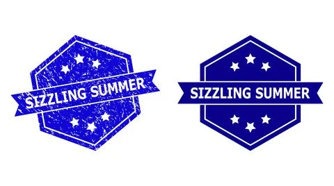 Hexagonal SIZZLING SUMMER Stamp Seal with Unclean Surface and Clean Version Stock Illustration
