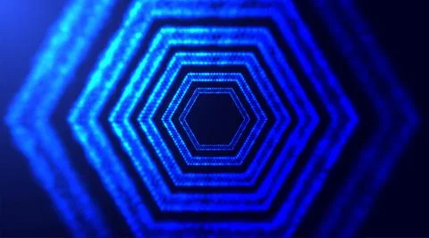 Hexagonal tunnel with depth of field. Abstract futuristic tunnel with neon light 스톡 일러스트