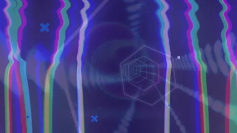 Hexagonal tunnel pulsing code shifting into glitch waves before showing wavy Stock Footage 317206954