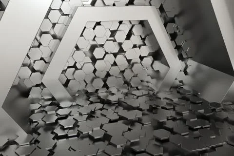Hexagonal tunnel space with hexagon cubes, 3d rendering. Stock Illustration