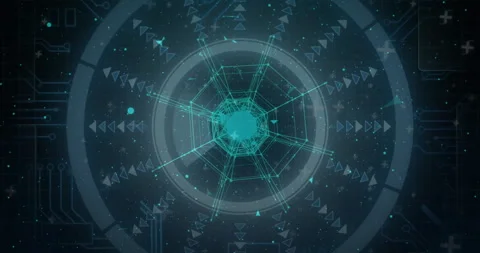Hexagonal turquoise network pulsating in dark interface, with rotating rings Video stock 309106216