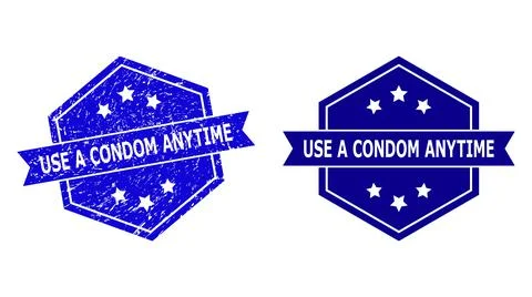 Hexagonal USE A CONDOM ANYTIME Stamp Seal with Unclean Surface and Clean Version Stock-Illustration