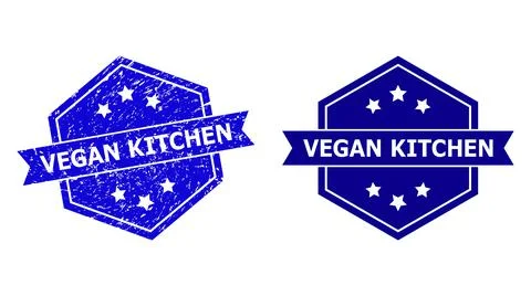 Hexagonal VEGAN KITCHEN Stamp Seal with Grunged Style and Clean Version Stock-Illustration