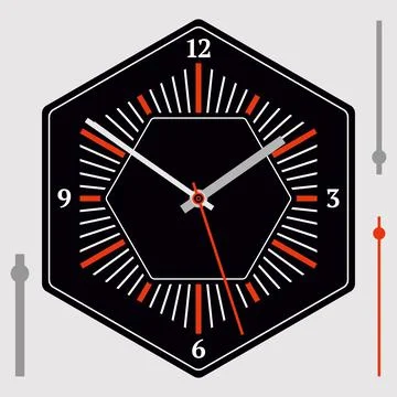 Hexagonal watch dial on black background. Hour, minute and second hands. Vect Stock Illustration