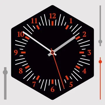 Hexagonal watch dial on black background. Hour, minute and second hands Illustrazione stock