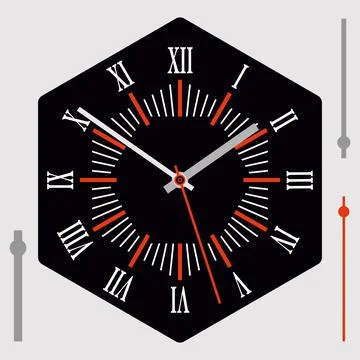 Hexagonal watch dial on black background. Hour, minute and second hands. Roman Stock-Illustration