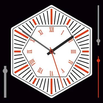 Hexagonal watch dial on white background. Hour, minute and second hands. Roman Stock Illustration