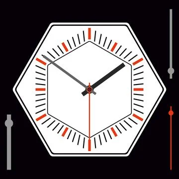 Hexagonal watch dial without numbers. Hour, minute and second hands. Vector Stock-Illustration