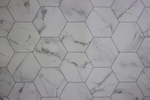 Hexagonal White Marble Tile Pattern Background With Geometric Hexagon Floor Text Stock Photos